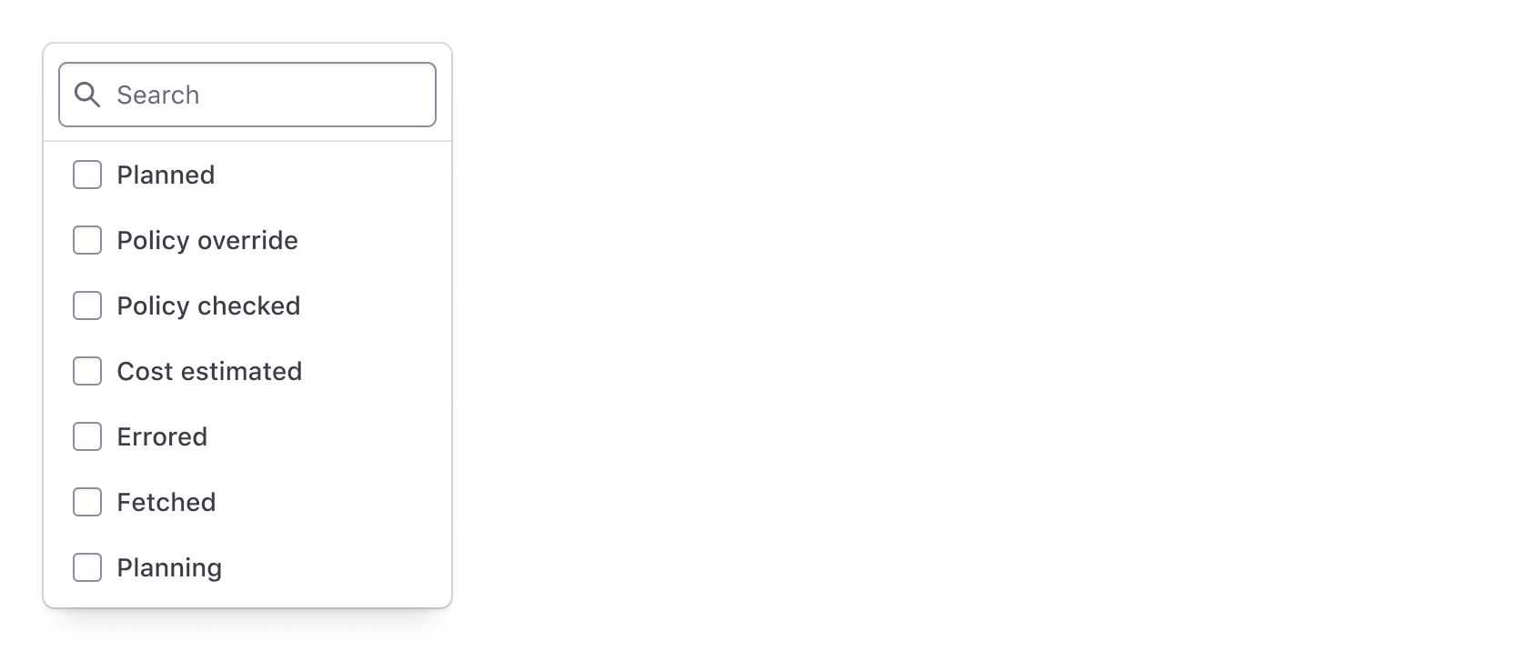 Dropdown menu with a header that includes a search field